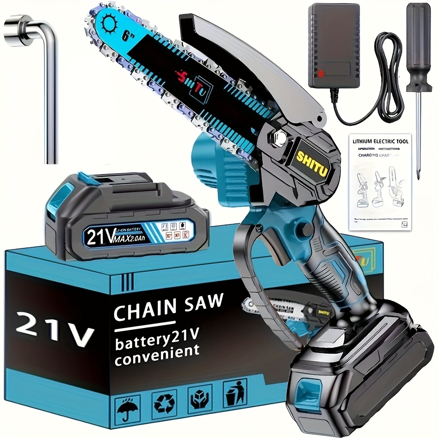 Handheld Electric Chainsaw – Mini Cordless Portable Tree Cutter with Splash Guard, Security Lock, Rechargeable Battery Options, Garden & Yard Gift for Men