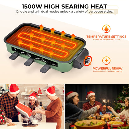 Indoor Smokeless Electric Grill 1500W Non-Stick Raclette Table Grill with Removable Plate & 3 Mini Pans Dishwasher Safe Compact BBQ Griddle