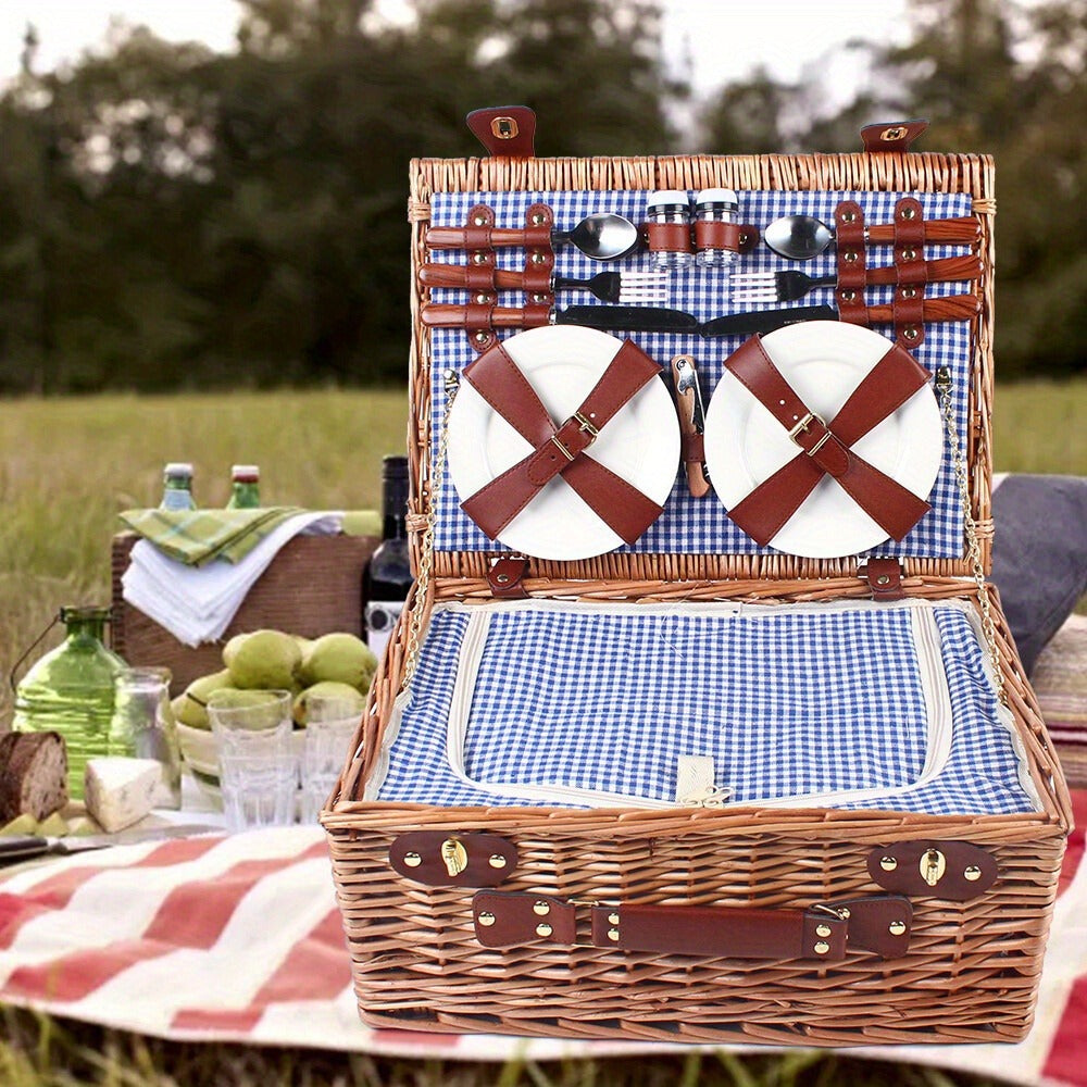 Wicker Picnic Basket for 4 with Insulated Cooler – Large Willow Hamper Set with Cutlery, Ceramic Plates, Wine Glasses for Camping, BBQ & Outdoor Gatherings