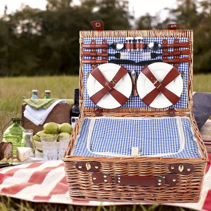 Wicker Picnic Basket for 4 with Insulated Cooler – Large Willow Hamper Set with Cutlery, Ceramic Plates, Wine Glasses for Camping, BBQ & Outdoor Gatherings