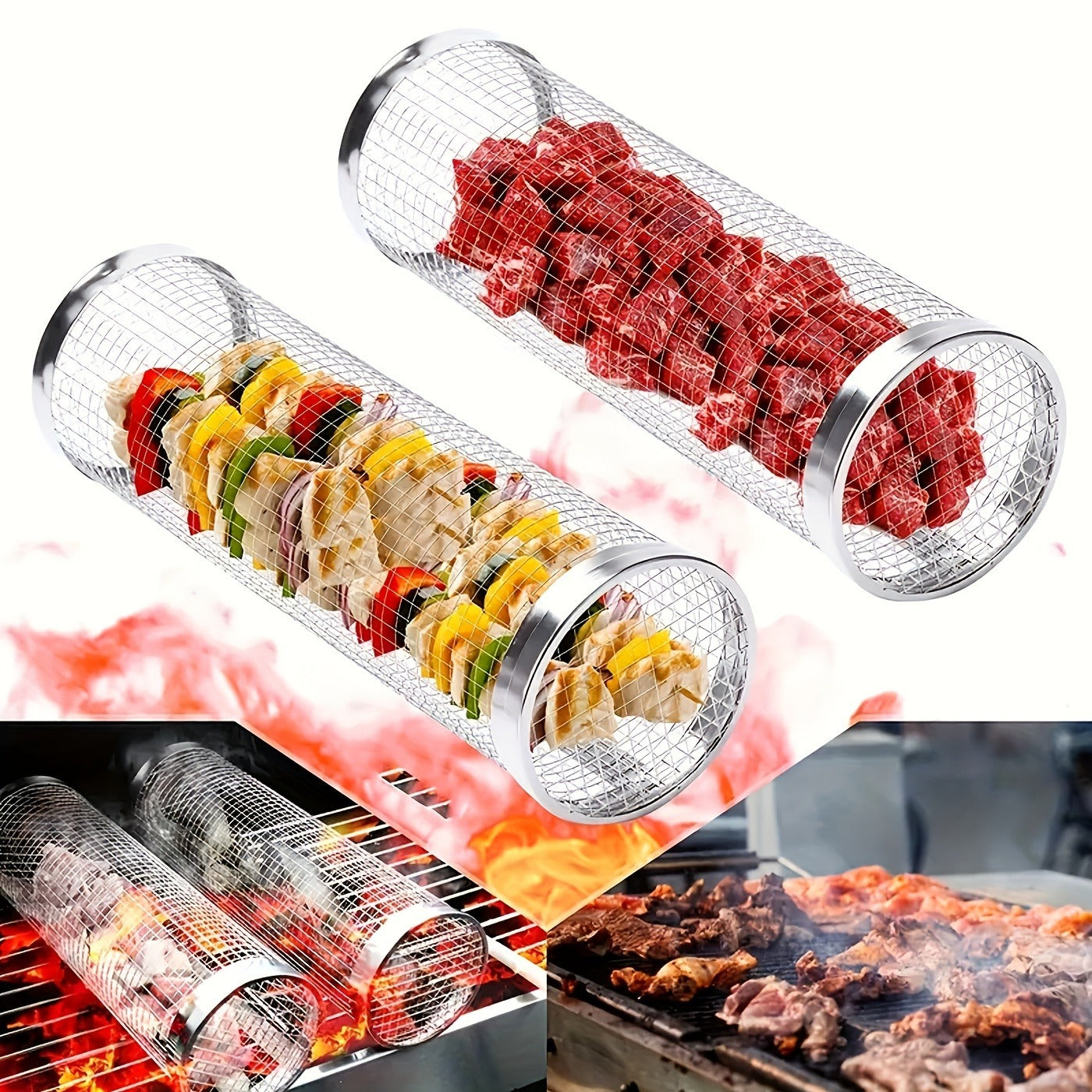 Rolling Grill Basket Stainless Steel 2-Pack – Cylinder BBQ Basket with Hook & Fork for Vegetables, Meatballs & Seafood | Outdoor Camping Bonfire Grill Accessory