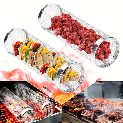 Rolling Grill Basket Stainless Steel 2-Pack – Cylinder BBQ Basket with Hook & Fork for Vegetables, Meatballs & Seafood | Outdoor Camping Bonfire Grill Accessory