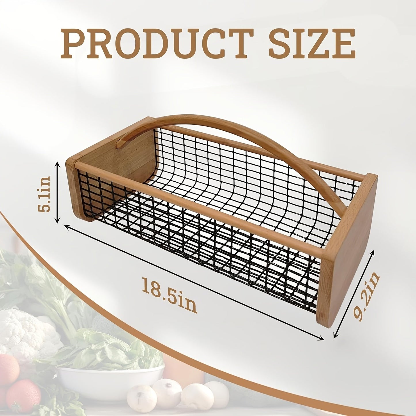 Garden Harvest Basket Metal Mesh with Wooden Handle – Rectangle Vegetable Fruit Picking Basket for Garden, Kitchen & Farmhouse Storage, Wash & Drain Design, Small & Large, Black
