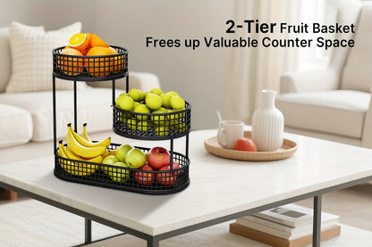 3-Tier Metal Fruit Basket Large Capacity Black Wire Rack | Kitchen Countertop Organizer for Fruits Vegetables Bread Snacks