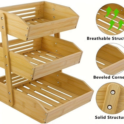 Fruit Basket Stand 2 & 3 Tier Wooden Countertop Organizer Large Capacity Kitchen Storage for Fruits Vegetables Bread Produce with Banana Hooks Natural Wood