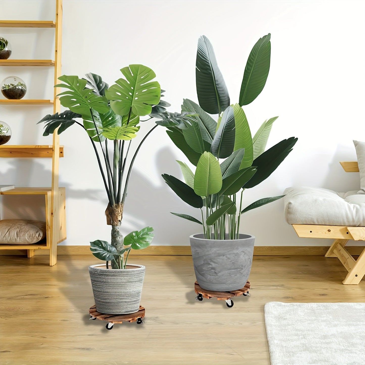 Rolling Plant Stand with Locking Wheels 2-Pack - Heavy Duty Wooden Planter Caddy for Indoor Outdoor Large Potted Plants, 12x12x3 Inch
