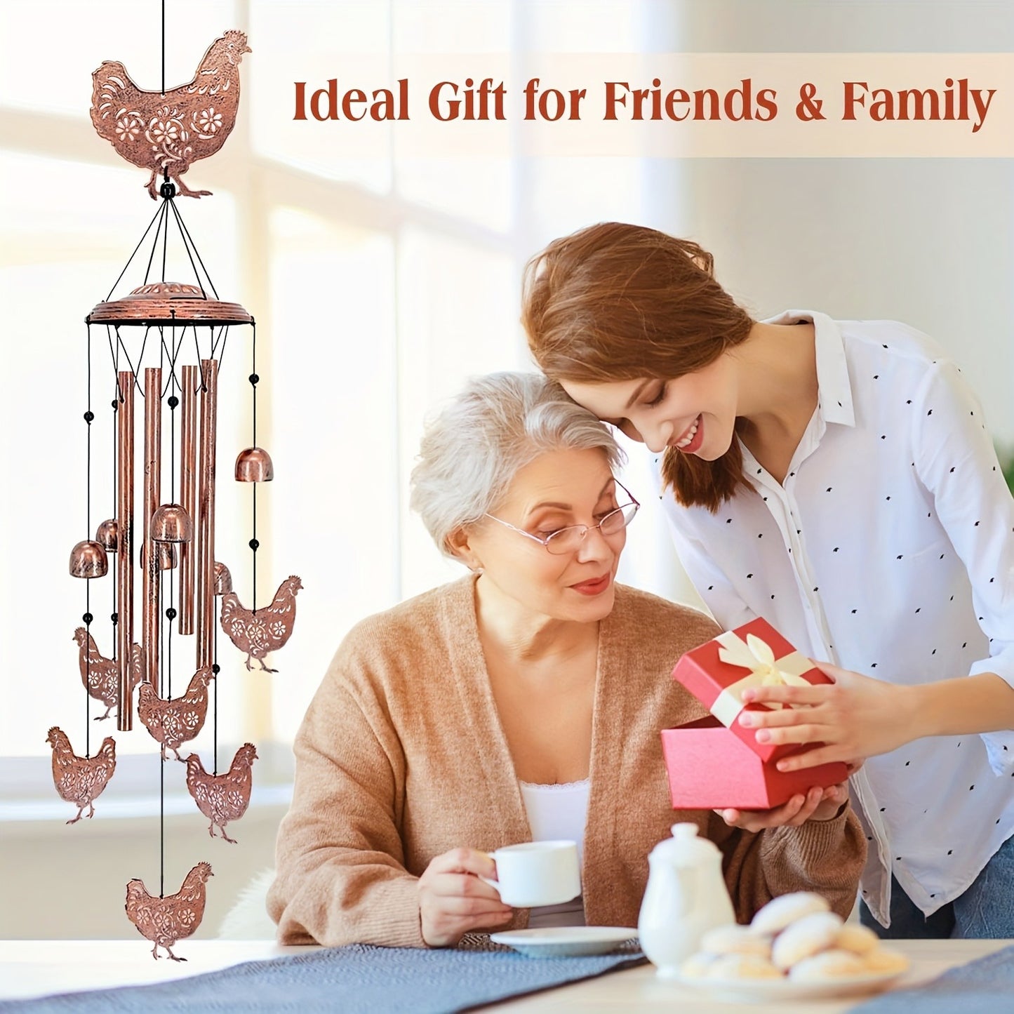 Wind Chime Outdoor Chicken Farmhouse Decor - Aluminum Tube Soothing Sound Garden Porch Patio Hanging Ornament