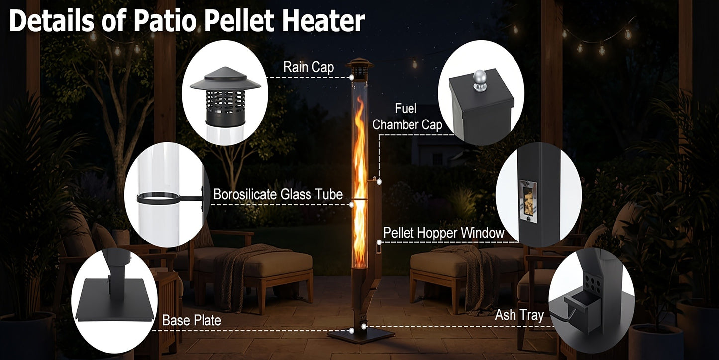Outdoor Wood Pellet Patio Heater 56 Inch, Smokeless Portable Pellet Stove with Rain Cap, Viewing Window & Ash Tray – Backyard Porch Garden Camping Fire Pit