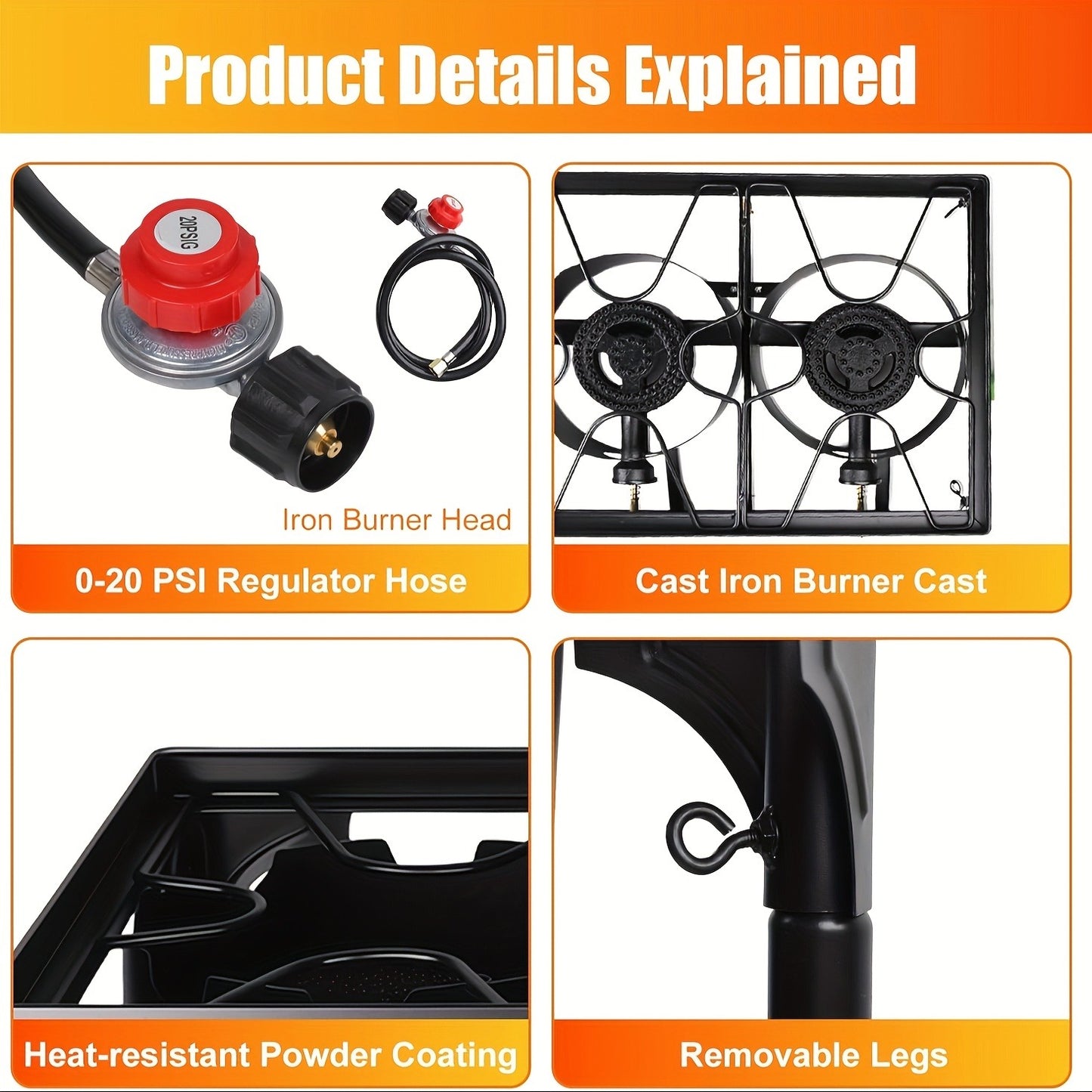 Propane Camp Stove 225000 BTU High-Pressure Burner Portable Outdoor Cooking Stove Detachable Legs Stainless Steel 1/2/3 Burner