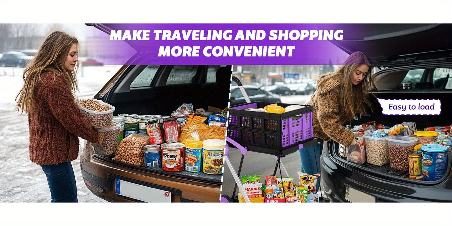 Collapsible Utility Cart 200 lb Heavy Duty Foldable Shopping Trolley 4-Wheel 360° Swivel Locking Brake Lightweight Portable Dolly for Grocery Mall Camping Pink Purple