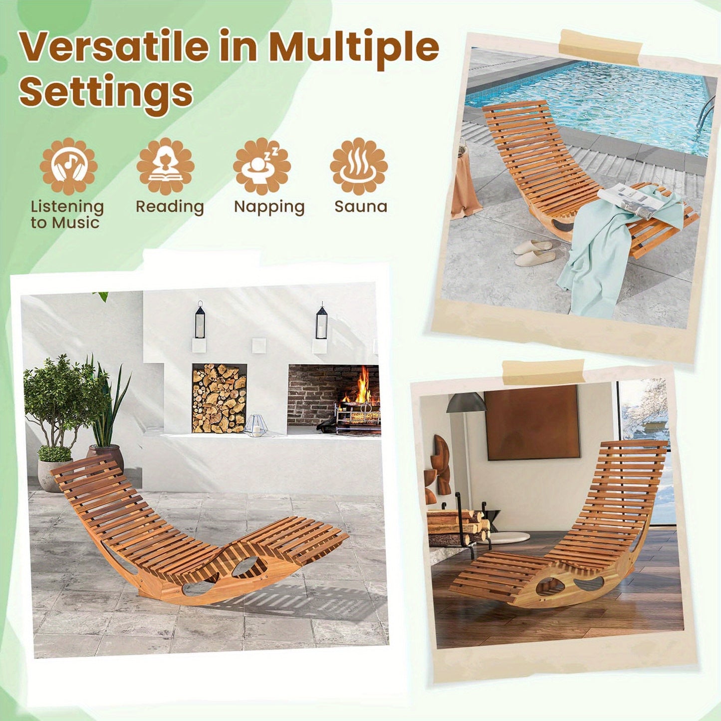Acacia Wood Rocking Chaise Lounge Outdoor High Back Ergonomic Slatted Seat Stopper 350lb Patio Rocker for Deck Poolside Garden