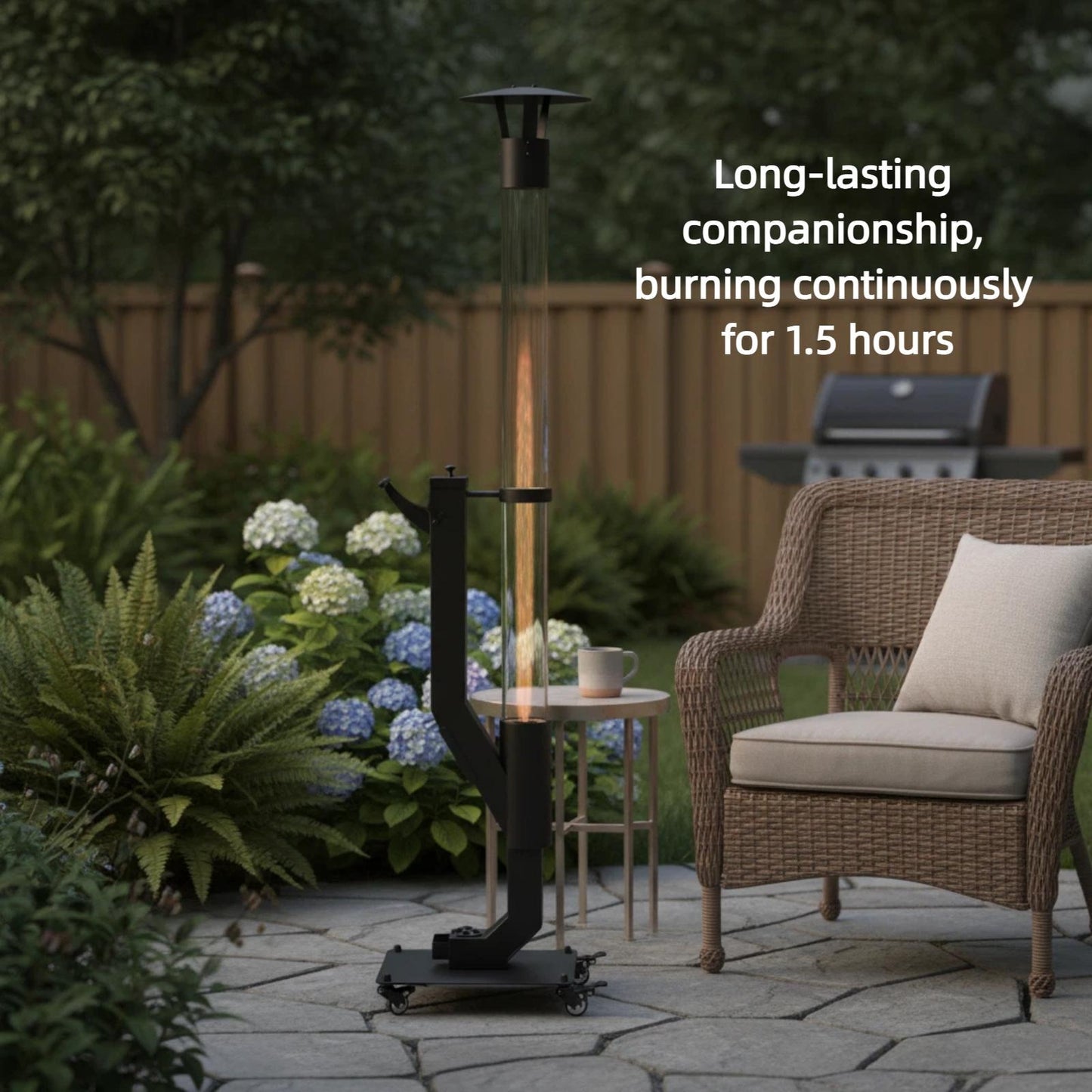 Wood Pellet Patio Heater Portable Gravity Feed Rocket Stove with Glass Tube Flame, Smokeless Non-Electric Outdoor Fire Pit for Backyard, Deck, Camping & RV, Available in 61" & 70" Models