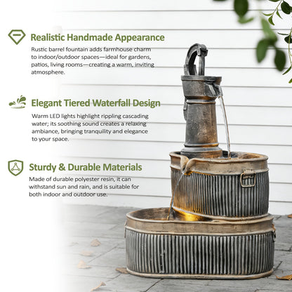 Outdoor Water Fountain 2-Tier Barrel with LED Light & Pump - Rustic Resin Garden Fountain for Patio, Yard & Deck Decor, Bronze Finish, Continuous Flow