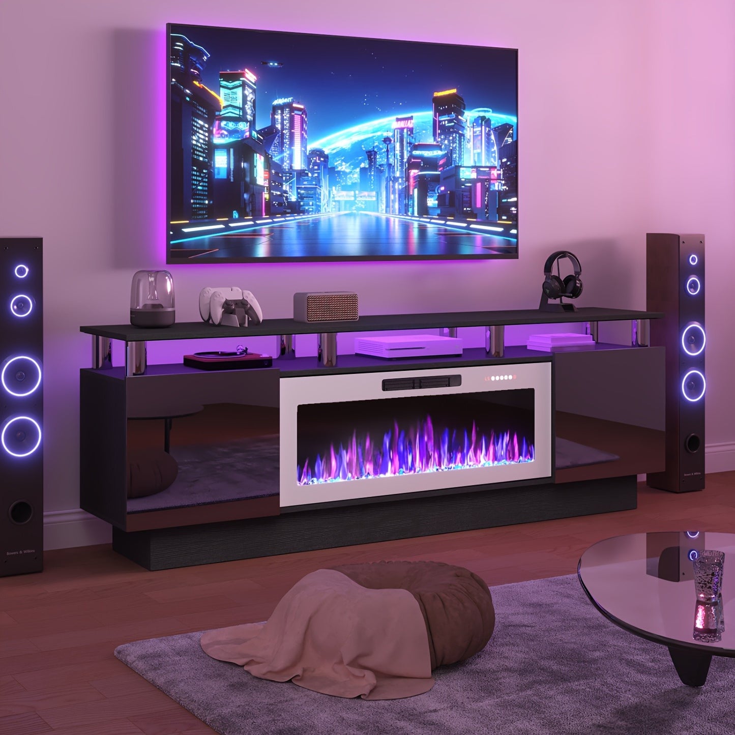 Fireplace TV Stand 70 Inch with 36" Electric Fireplace 2-Tier High Gloss Wood Entertainment Center LED Lights Cabinet Media Console Living Room
