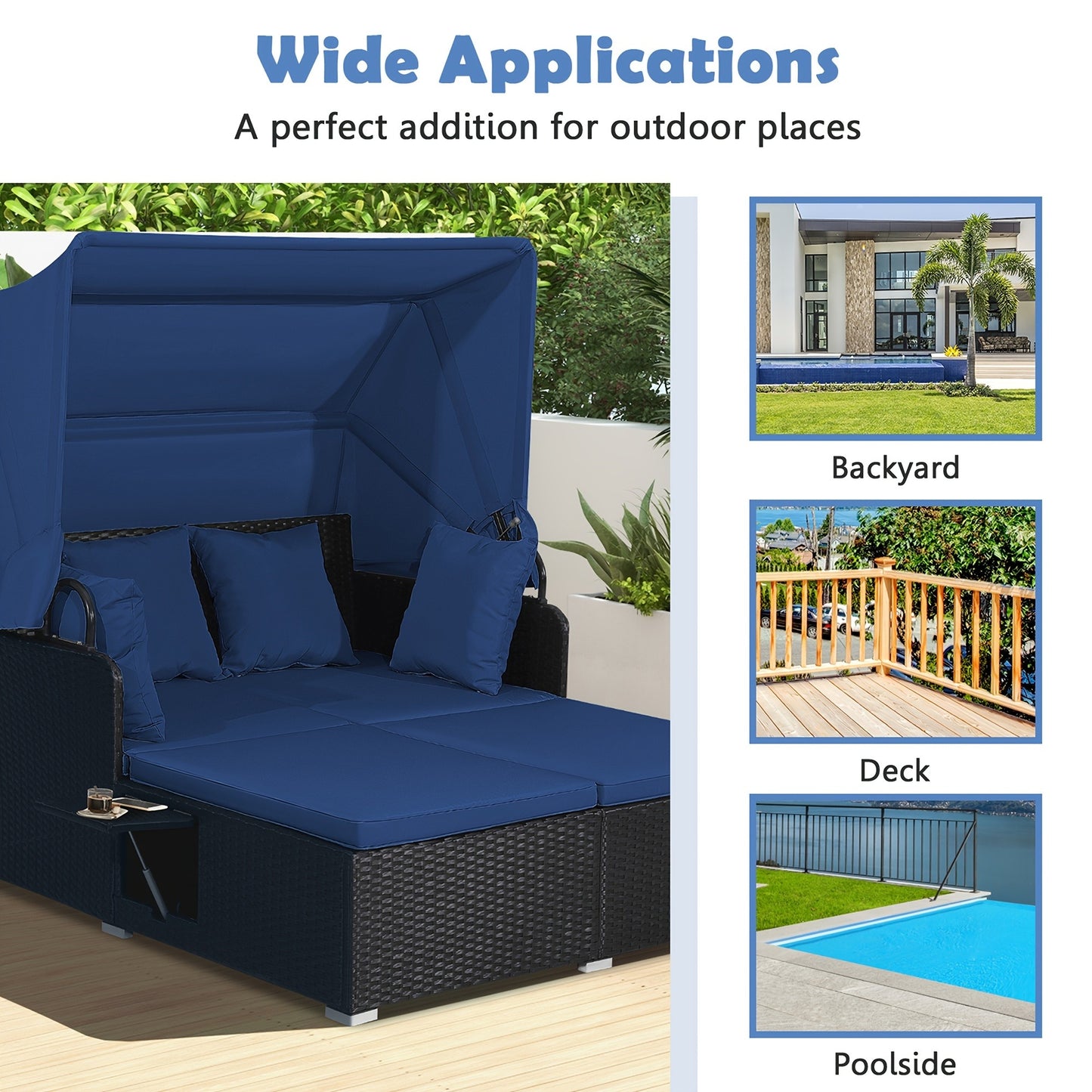 Outdoor Wicker Daybed with Retractable Canopy Side Tables Cushions PE Rattan Patio Lounge Bed Sun Lounger for Backyard Garden Pool