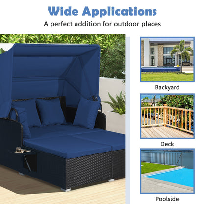 Outdoor Wicker Daybed with Retractable Canopy Side Tables Cushions PE Rattan Patio Lounge Bed Sun Lounger for Backyard Garden Pool