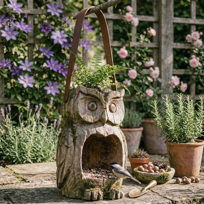 Bird Feeder Hanging Outdoor Rustic Wood Owl-Shaped Plant Pot for Patio Lawn Garden Decor - Open Design Decorative Planter for Bird Seed or Plants, Wood Grain Finish