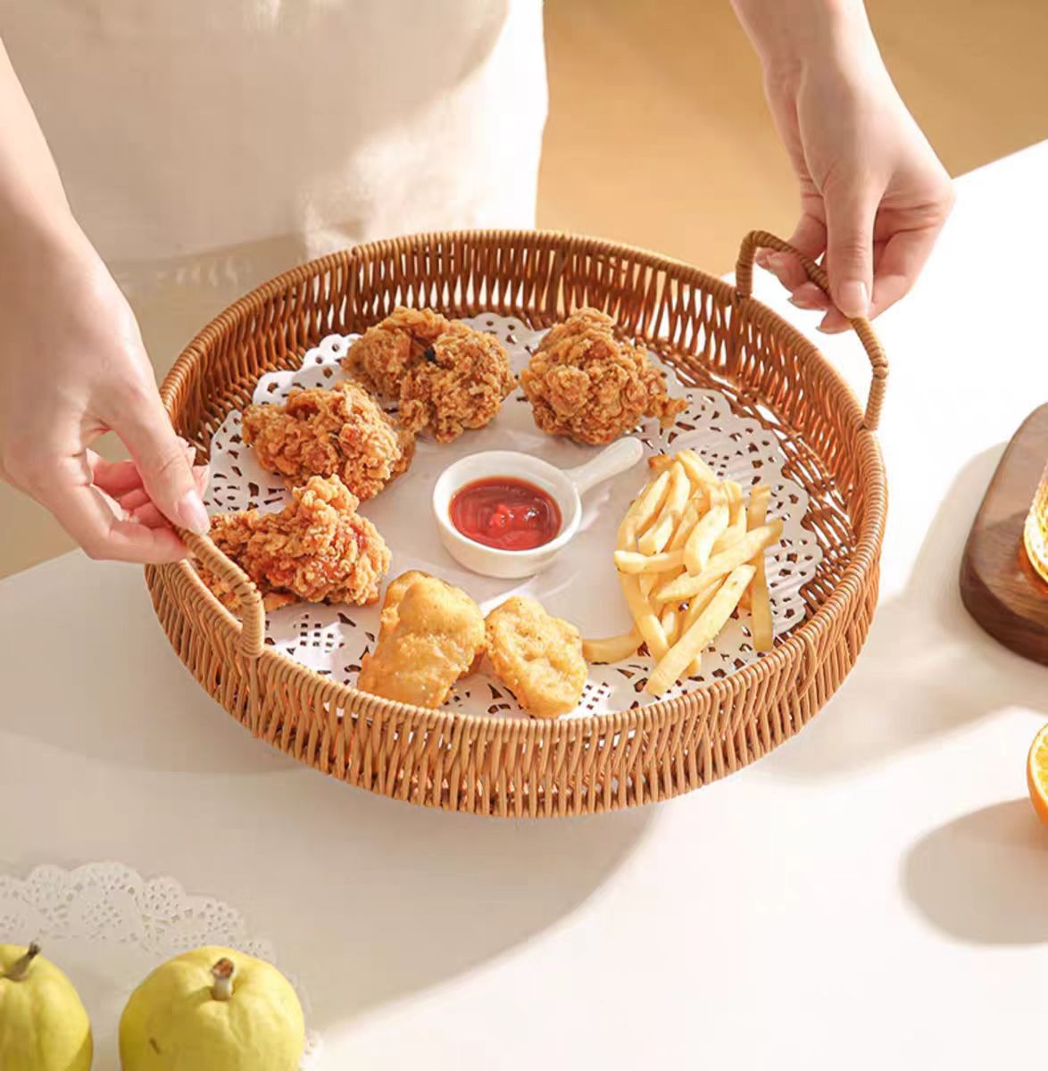 Woven Rattan Bread Basket Set of 3 Round Fruit Basket with Handles for Bread Fruit Vegetables Dim Sum Dining Table Catering Display Decor