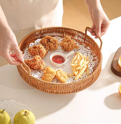 Woven Rattan Bread Basket Set of 3 Round Fruit Basket with Handles for Bread Fruit Vegetables Dim Sum Dining Table Catering Display Decor