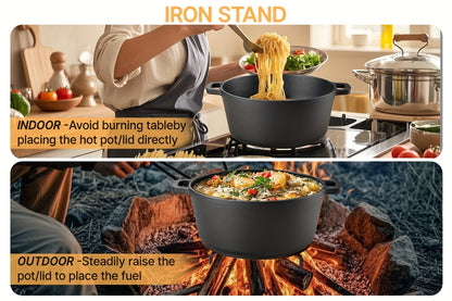 Cast Iron Dutch Oven Pre-Seasoned with Lid – Deep Pot for Bread Baking, Camping, BBQ & Stove | Double Handle, Silicone Lid, Scraper & Stand Included