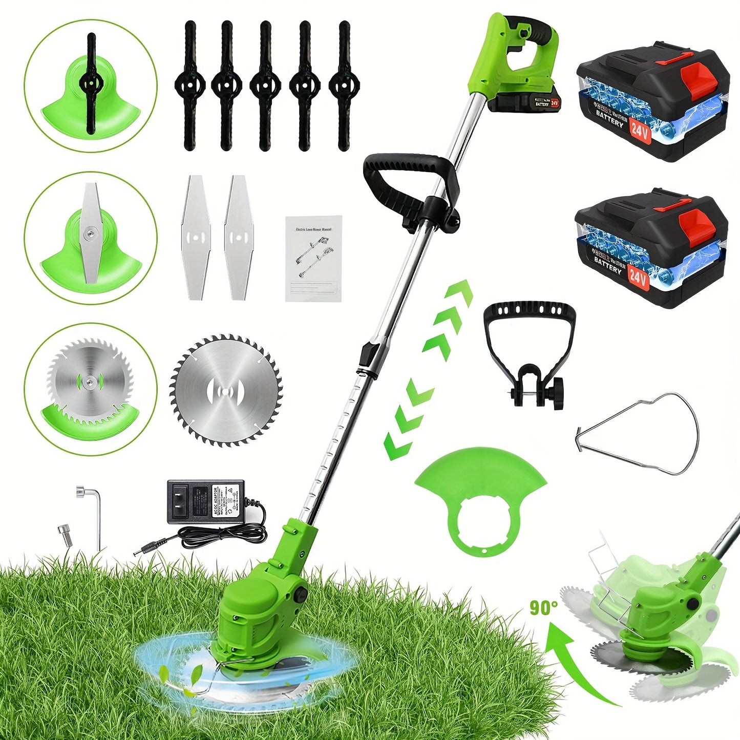 Weed Wacker Cordless 24V Brush Cutter – Electric String Trimmer with 2 Batteries & Charger, 3 Blade Types, Lightweight Battery Powered Weed Eater for Yard, Garden & Lawn Trimming