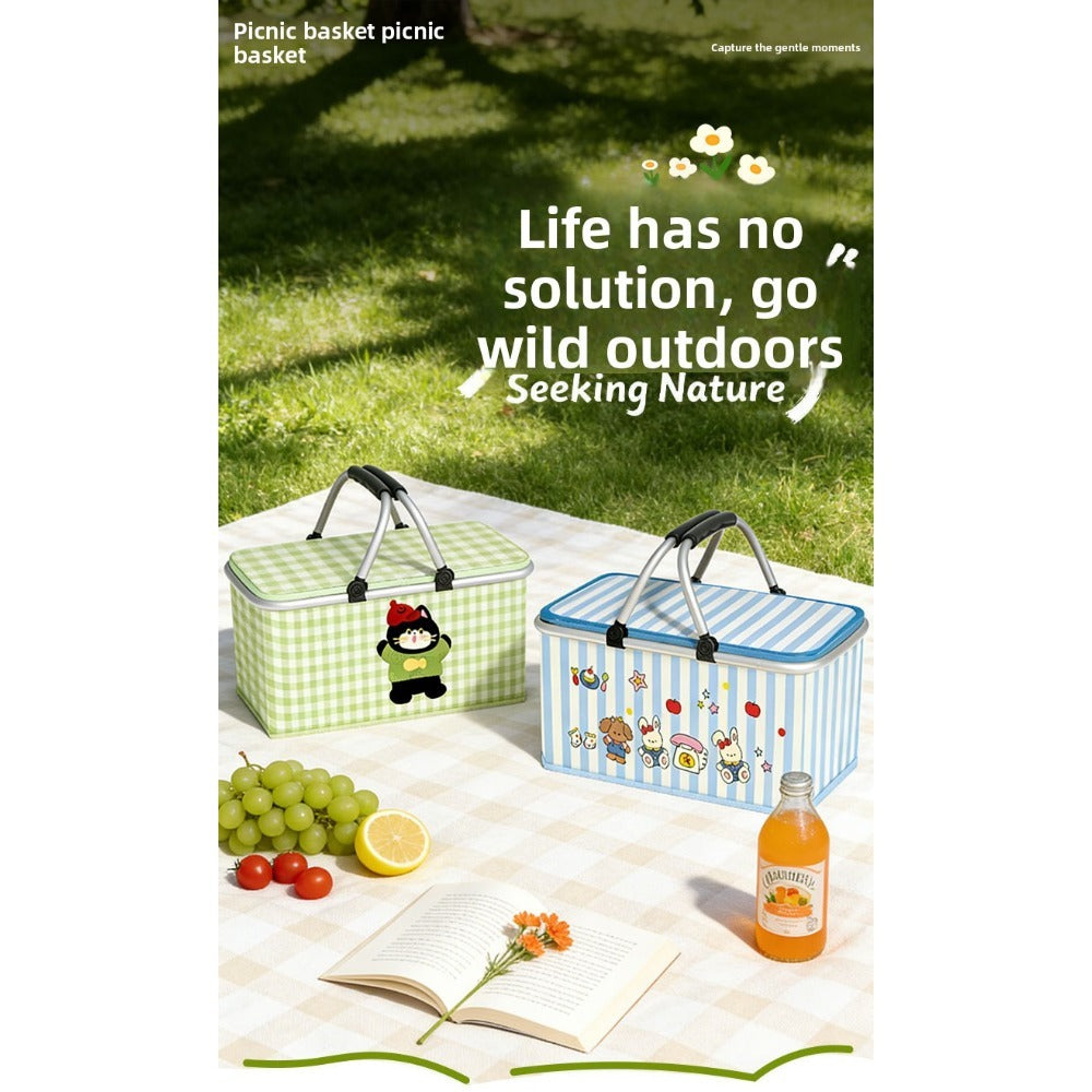 Insulated Picnic Box with Aluminum Frame – Collapsible Thermal Camping Storage Basket for Outdoor Picnic, BBQ, Travel & Camping with Cute Pattern Designs