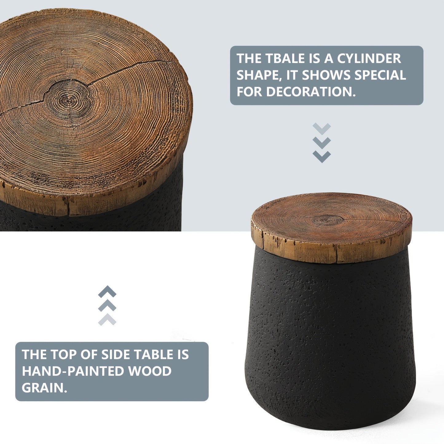 Outdoor Side Table 17in Concrete with Wood-Look Top, Accent End Table for Patio, Garden Stool for Living Room, Bedroom, Backyard Decor, Black & Hourglass Style