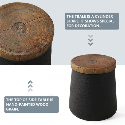 Outdoor Side Table 17in Concrete with Wood-Look Top, Accent End Table for Patio, Garden Stool for Living Room, Bedroom, Backyard Decor, Black & Hourglass Style