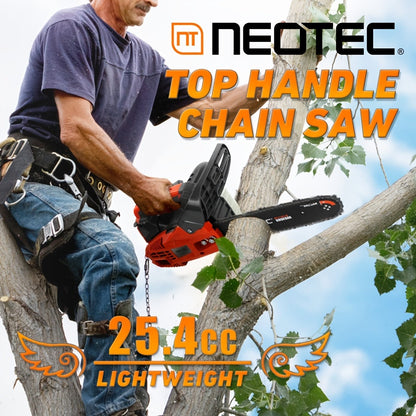 NEO-TEC NCS2500 Top Handle Gas Chainsaw 12-Inch – 25.4CC 2-Stroke, One-Hand Operation, 8 lbs, Easy Start, Portable Tree Cutting Saw