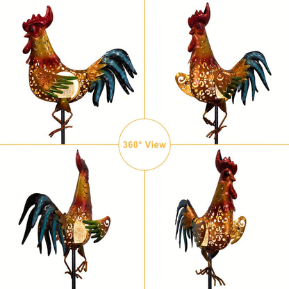 Solar Chicken Garden Lights Outdoor Decorative LED Rooster Yard Art Stake Metal Statue Gifts for Chicken Lovers Women Patio Lawn Decor