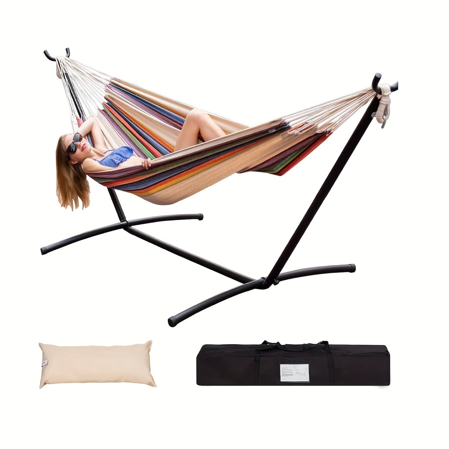Double Hammock with Steel Stand 450 lbs Heavy Duty Portable Outdoor Indoor Carry Case Head Pillow No Assembly Camping Patio Backyard Multiple Colors