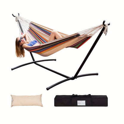 Double Hammock with Steel Stand 450 lbs Heavy Duty Portable Outdoor Indoor Carry Case Head Pillow No Assembly Camping Patio Backyard Multiple Colors
