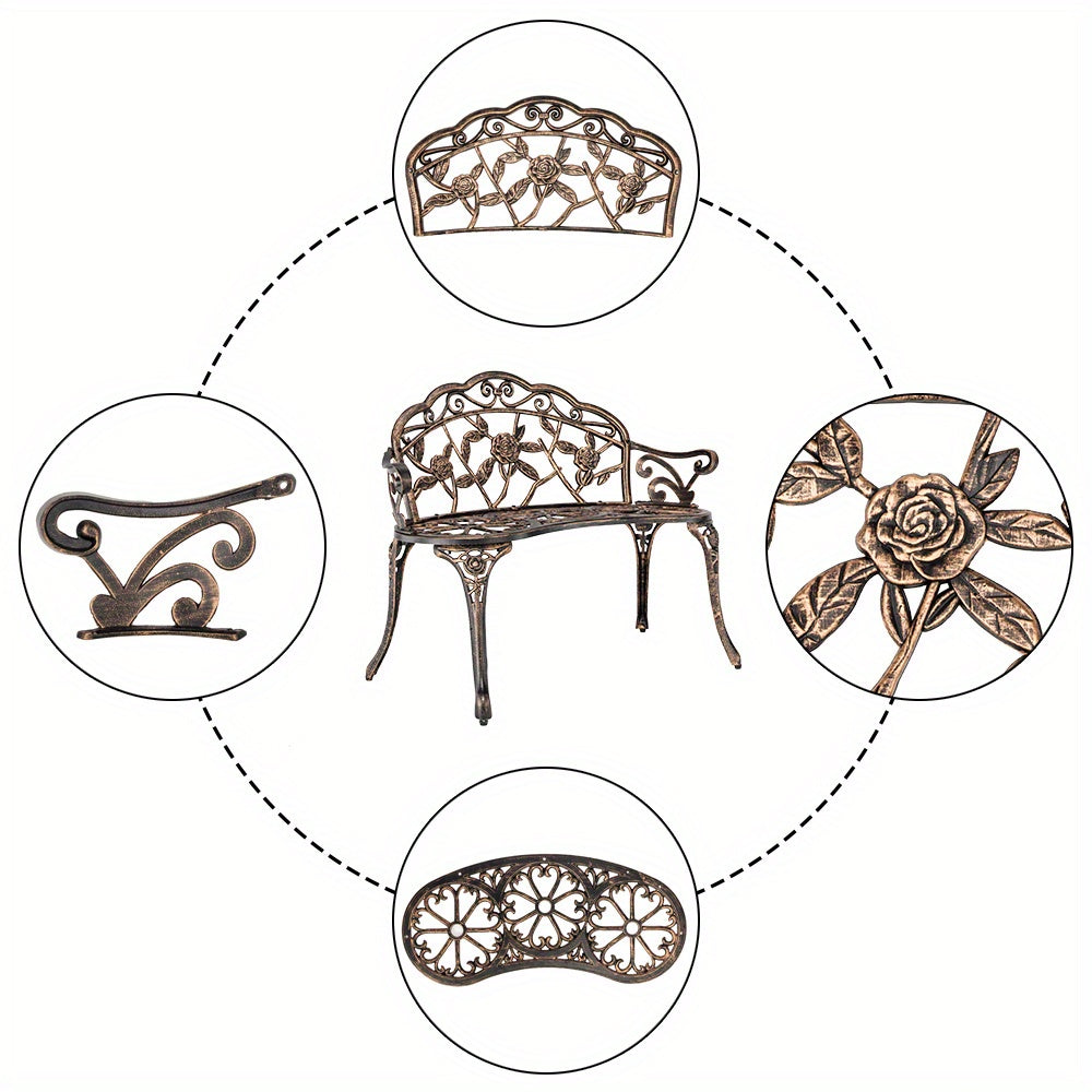 Outdoor Garden Bench Rose Pattern Cast Aluminum Floral Patio Bench with Armrests Vintage Metal Bench for Porch Courtyard Wedding Decor 38.5 Inch