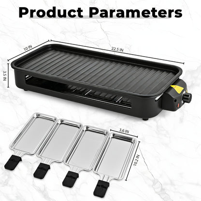 Indoor Smokeless Electric Grill 1500W Non-Stick Raclette Table Grill with Removable Plate & 3 Mini Pans Dishwasher Safe Compact BBQ Griddle
