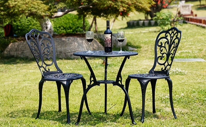 Patio Bistro Set 3 Piece Cast Aluminum Outdoor Table and 2 Chairs with Umbrella Hole All Weather Front Porch Balcony Furniture Set Black
