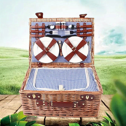 Wicker Picnic Basket for 4 with Insulated Cooler – Large Willow Hamper Set with Cutlery, Ceramic Plates, Wine Glasses for Camping, BBQ & Outdoor Gatherings