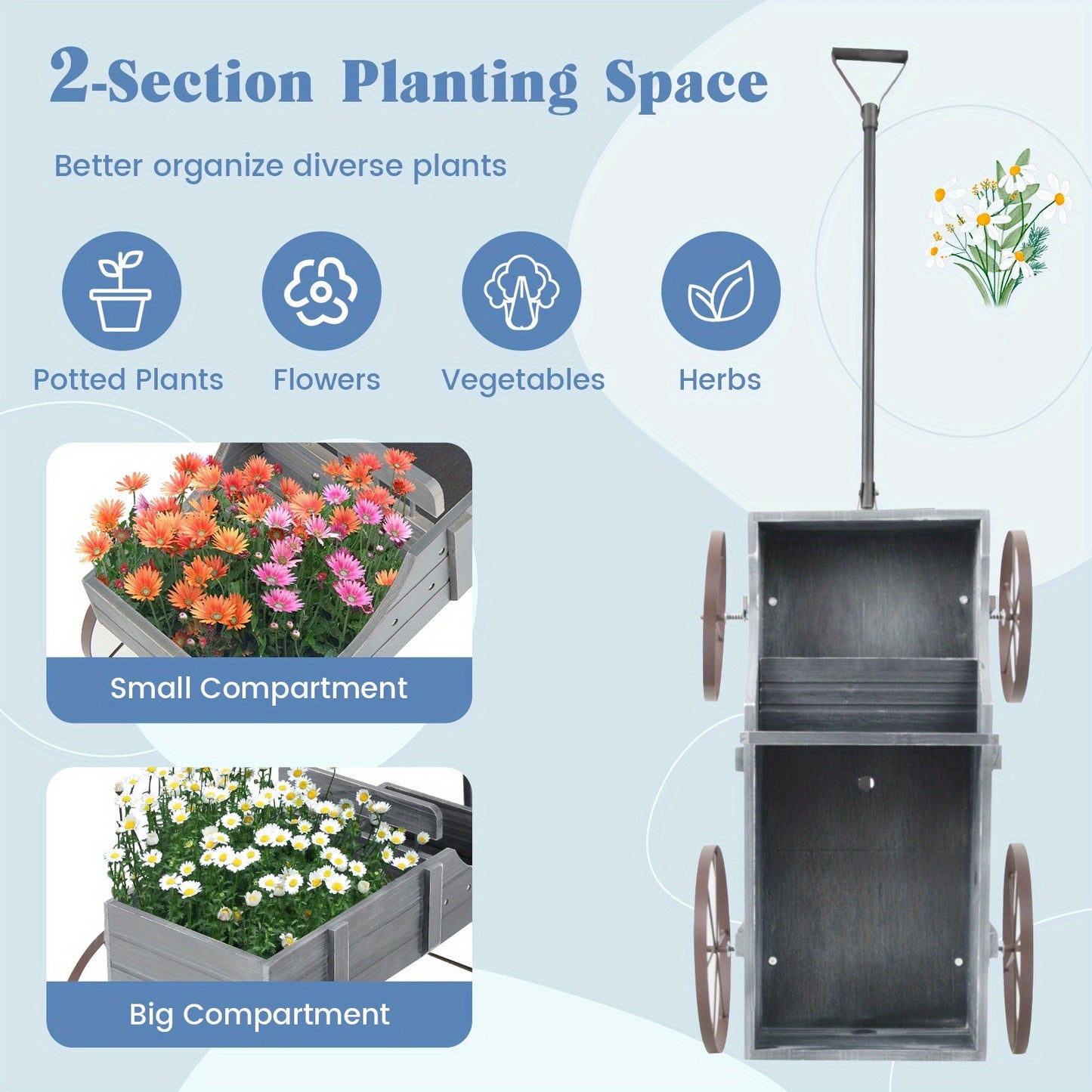 Wooden Flower Stand with 4 Wheels – Rolling Plant Trolley for Garden, Balcony & Terrace