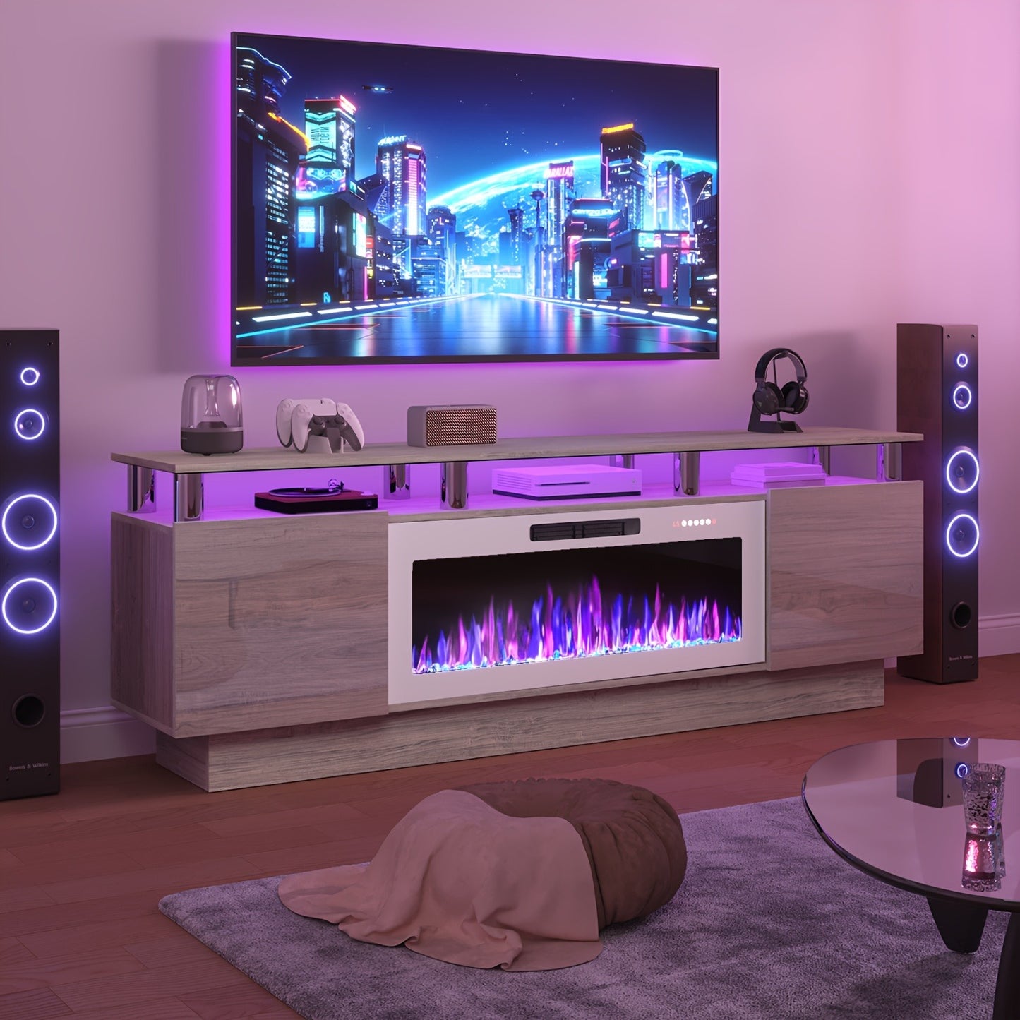 Fireplace TV Stand 70 Inch with 36" Electric Fireplace 2-Tier High Gloss Wood Entertainment Center LED Lights Cabinet Media Console Living Room