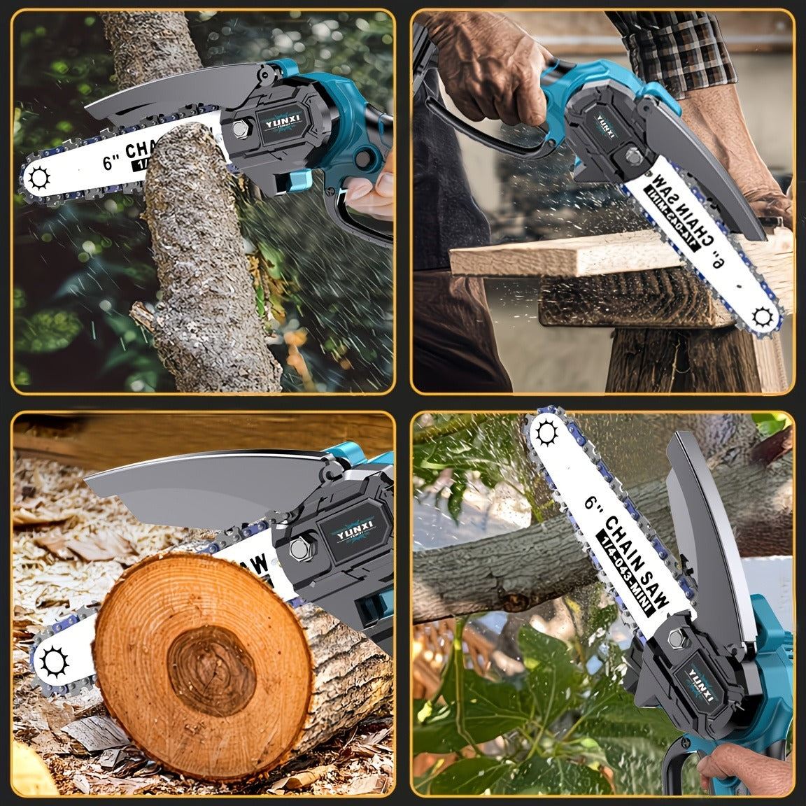 Handheld Electric Chainsaw – Mini Cordless Portable Tree Cutter with Splash Guard, Security Lock, Rechargeable Battery Options, Garden & Yard Gift for Men