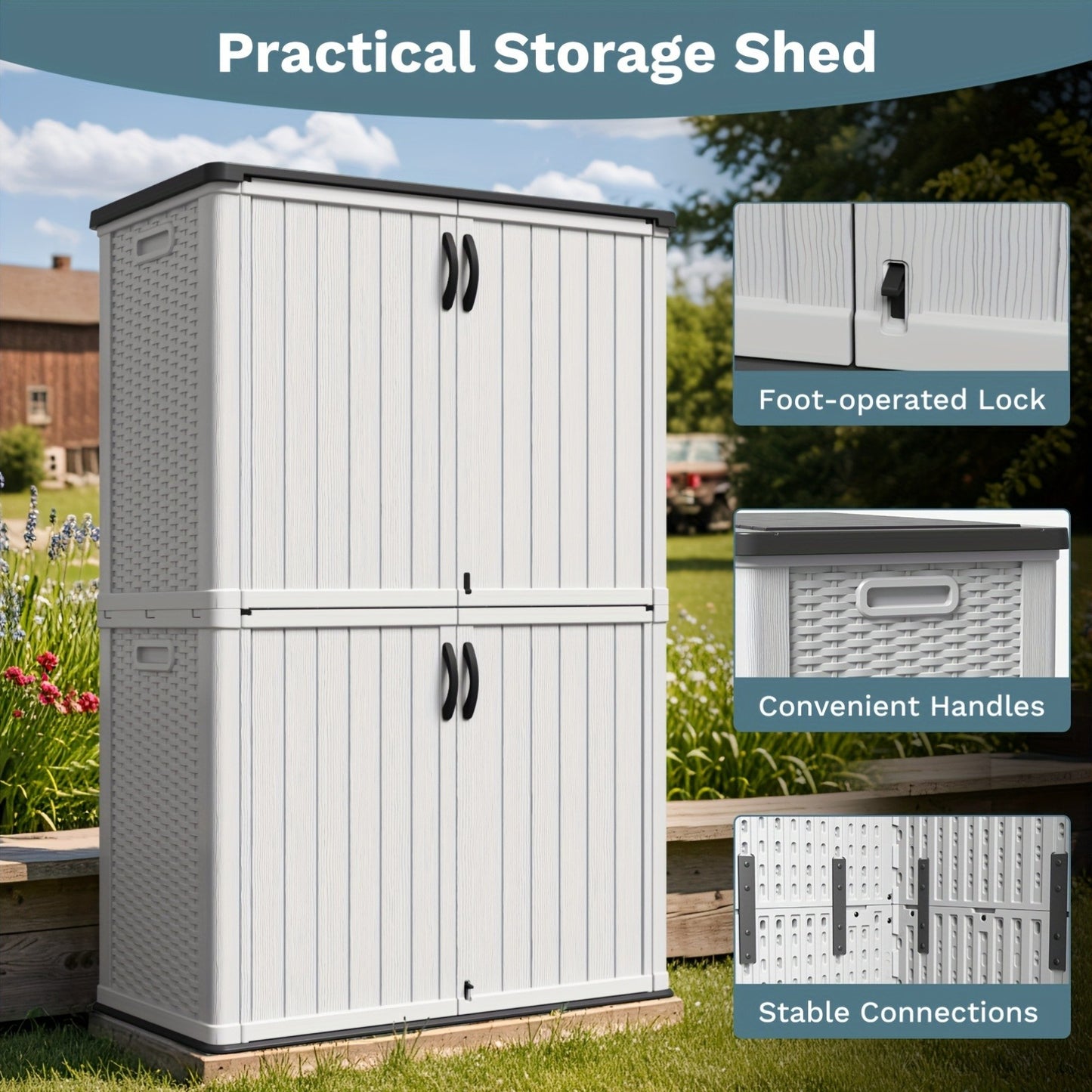 Outdoor Storage Shed 4x2 Resin Vertical Cabinet w/ Floor - White & Beige