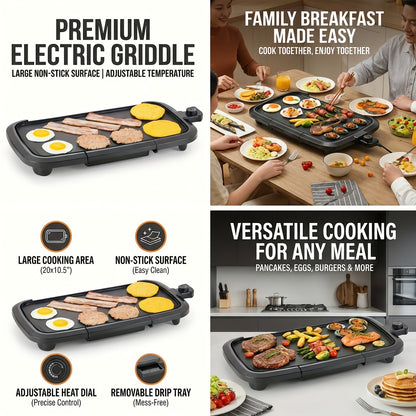Electric Griddle Non-Stick Teppanyaki Grill Pan, Frying & Grilling All-in-One for Eggs, Steaks, Bacon, Pancakes & Seafood – Easy-Clean Indoor Electric Grill for Breakfast, BBQ & Party