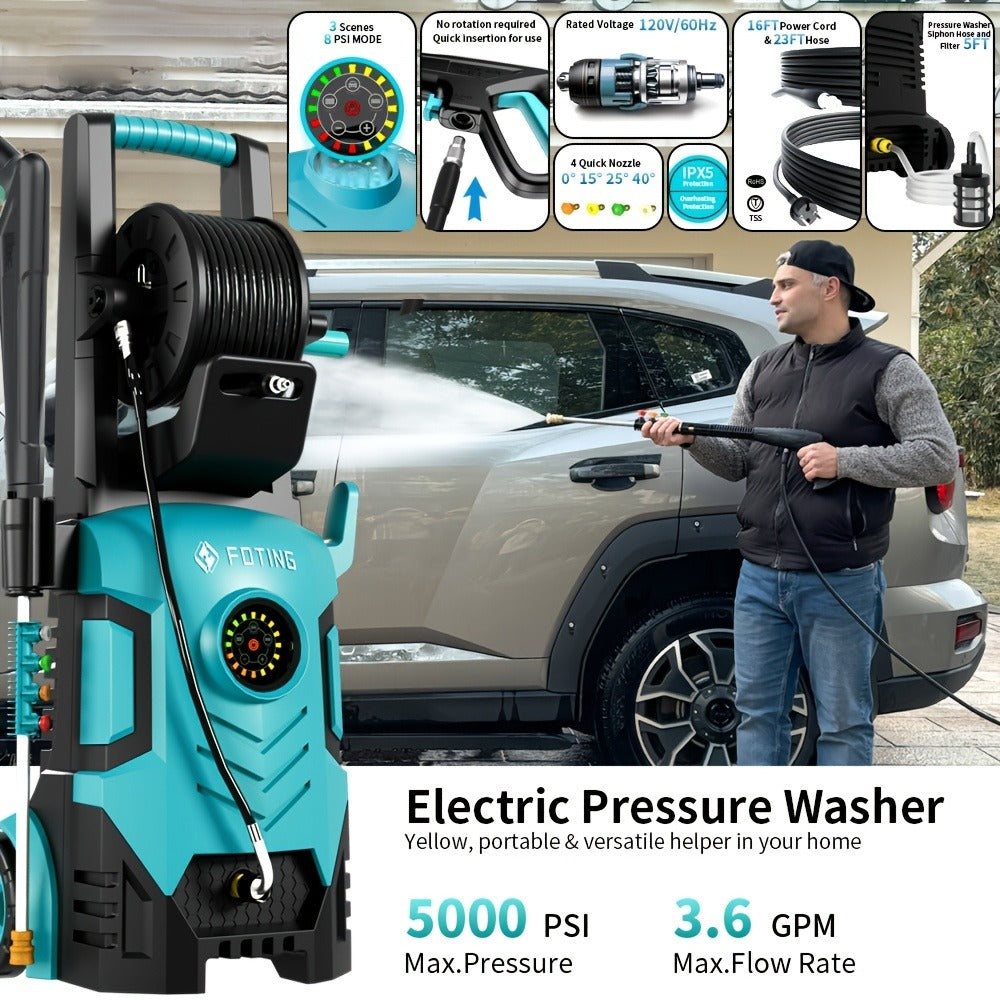 Pressure Washer 5000PSI Electric Power Washer 2.4-3.6GPM Adjustable 8-Level Touch Screen 34" Tall 4 Quick-Connect Nozzles for Cars Fences Driveways Patios