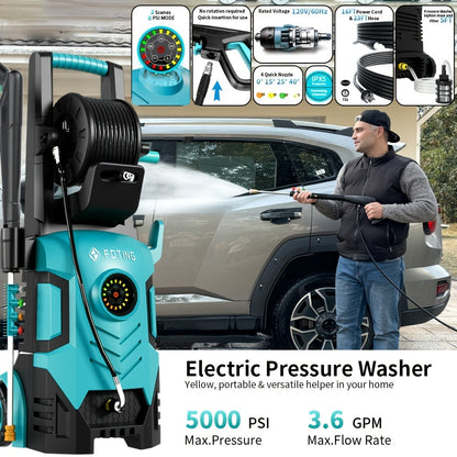 Pressure Washer 5000PSI Electric Power Washer 2.4-3.6GPM Adjustable 8-Level Touch Screen 34" Tall 4 Quick-Connect Nozzles for Cars Fences Driveways Patios