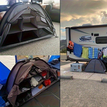 Camping Tent Organizer 9-Shelf with Zippered Flap — Hanging Storage Rack for Shoes, Gear & Dining, Fits Most Tents, Brown & Gray