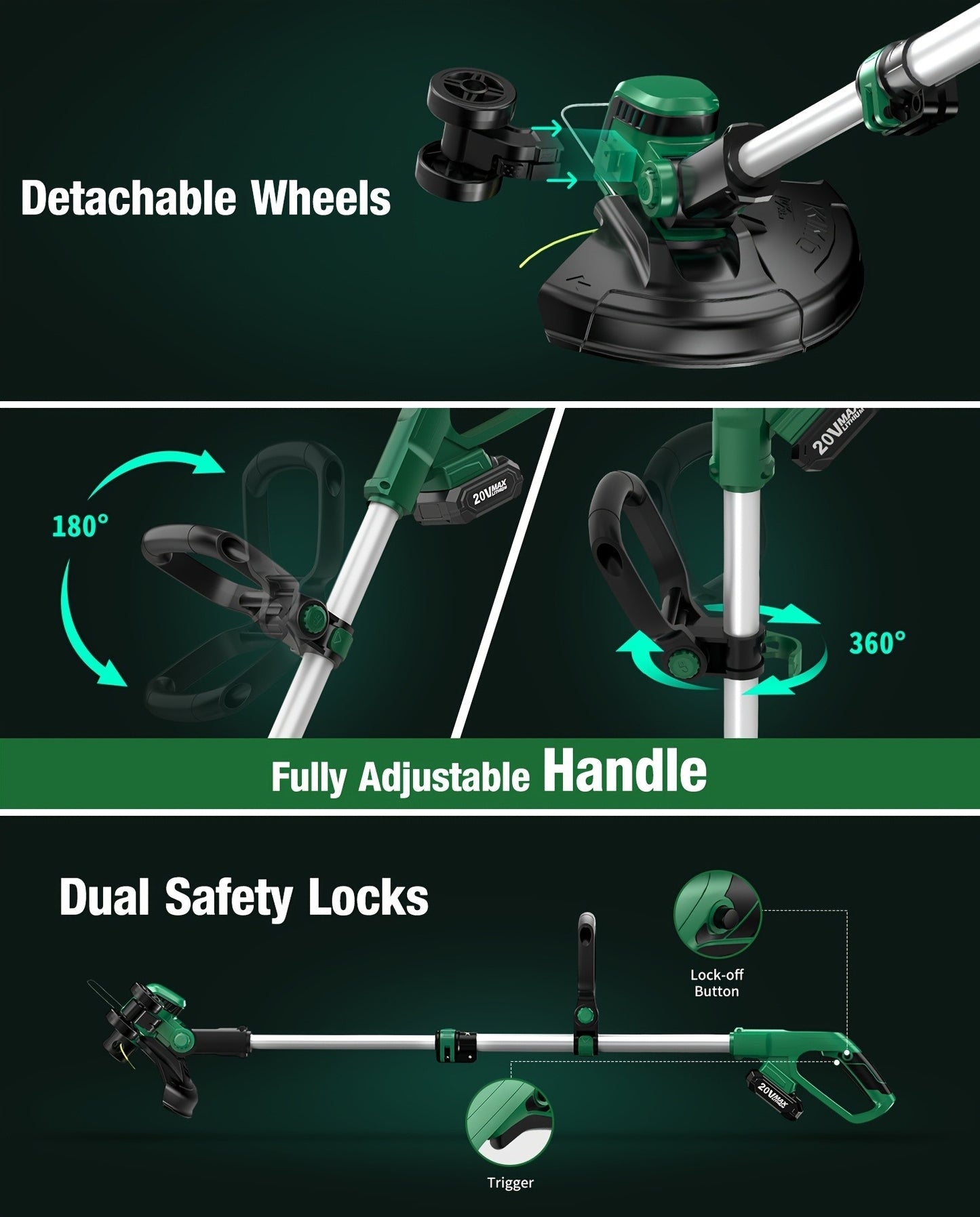 String Trimmer Cordless 2-in-1 Weed Wacker & Lawn Edger with Wheels – KIMO Brushless Motor 20000 RPM, 12" Cutting Width, 2x 2.0Ah Batteries, Lightweight for Yard Garden Patio & Landscaping