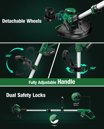 String Trimmer Cordless 2-in-1 Weed Wacker & Lawn Edger with Wheels – KIMO Brushless Motor 20000 RPM, 12" Cutting Width, 2x 2.0Ah Batteries, Lightweight for Yard Garden Patio & Landscaping