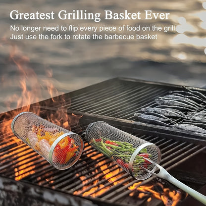 Rolling Grill Basket Stainless Steel 2-Pack – Cylinder BBQ Basket with Hook & Fork for Vegetables, Meatballs & Seafood | Outdoor Camping Bonfire Grill Accessory