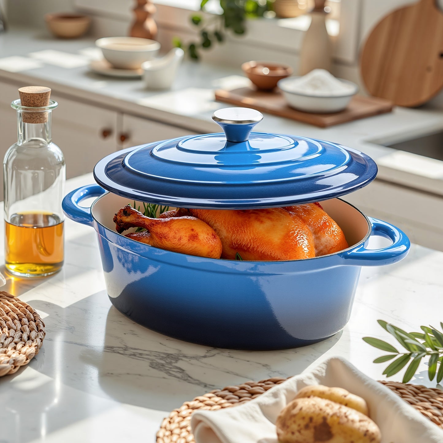 Dutch Oven Enameled Cast Iron 4.5QT with Lid & Dual Handles – Oval Non-Stick Enamel Coating for Bread Baking Soups Stews Braising | Stovetop to Oven Safe 500°F 5 Colors Available