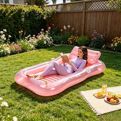Inflatable Tanning Pool Lounger with Sprinkler | 74"x45" XL Pool Float with Pillow & Cup Holder for Adults