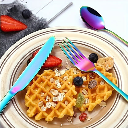 Flatware Set 60 Piece Rainbow Stainless Steel Cutlery 430 Mirror Polish Dishwasher Safe Knife Fork Spoon for Camping Picnic Travel Party Outdoor Dining Serves 12